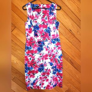 Talbots size 6 white, pink, and blue floral print sleeveless v neck shift Dress